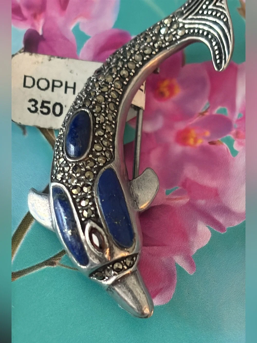 Sterling Silver Dolphin Brooch with Blue Lapis Garnet and Marcasites Accents